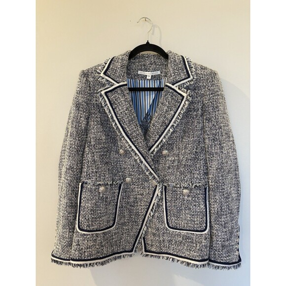 Veronica Beard Theron Tweed Fringe Navy White Frayed Trim Career Blazer Size 12 - Picture 4 of 9